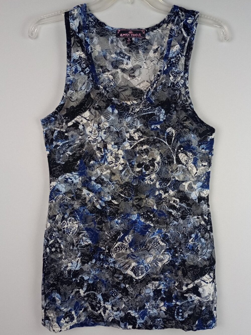 Almost Famous Womens XL‎ Black Blue Silver Floral Lace Racerback Tank Top